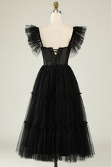 Black A-Line Corset Ruffled Tulle Homecoming Prom Dress