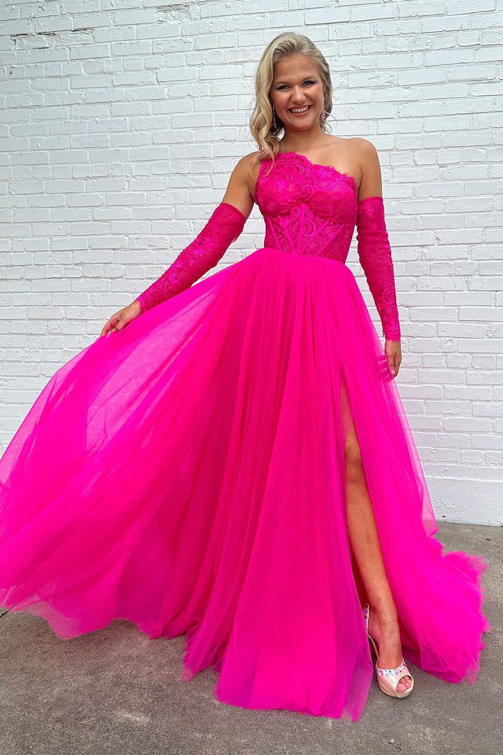 Hot Pink Detachable Long Sleeves A-Line Tulle Long Prom Dress with Lace