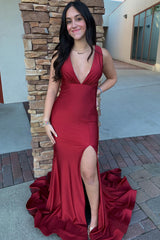 Red Mermaid V Neck Long Prom Dress With Slit