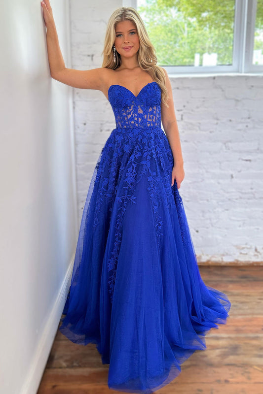 Blue Corset A-Line Tulle Long Prom Dress with Lace