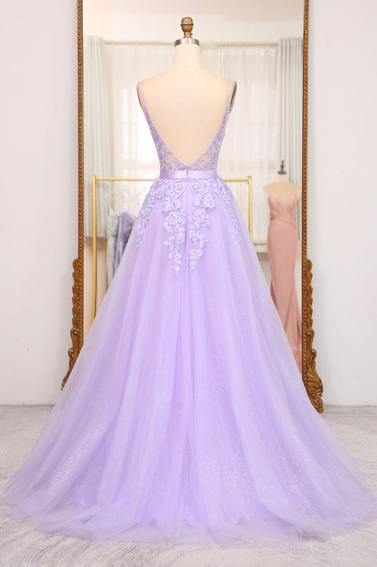 Lilac A-Line Spaghetti Straps Long Beaded and Tulle Prom Dress with Appliques