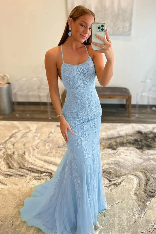 Blue Halter Backless Prom Dress