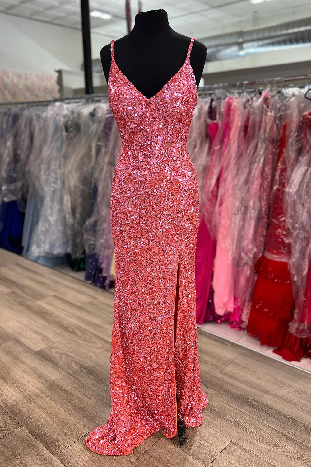 Orange Sparkly Mermaid V Neck Sequins Long Prom Dress