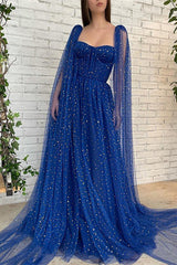 Chic Royal Blue Long Evening Dress with Ruffles, Beads, and Tulle