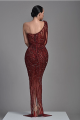 Burgundy One-Shoulder Heavy Sequins Mermaid Evening Dress