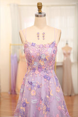 Mauve A Line Tulle Appliqued Long Prom Dress With Slit