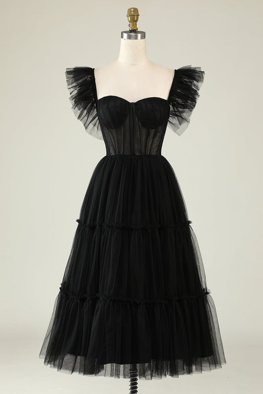 Black Corset Ruffled Tulle Homecoming Prom Dress