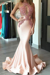 Pink Mermaid Evening Dress with Lace Appliques