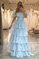 Light Blue A Line Long Tiered Corset Prom Dress