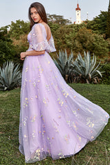 Purple V-Neck Embroidery Long Prom Dress with Sleeves