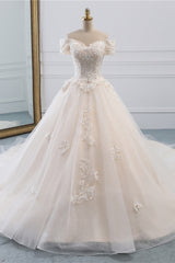 Princess Off-the-Shoulder Tulle Wedding Dress with Lace Appliques