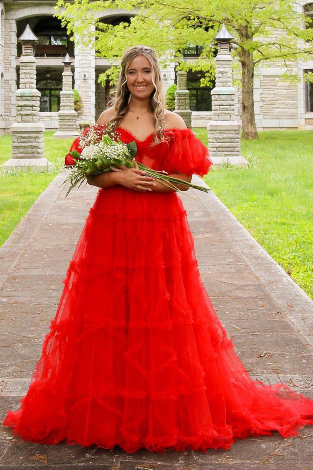 A Line Off the Shoulder Red Tulle Corset Prom Dress with Bowknot