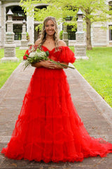 A Line Off the Shoulder Red Tulle Corset Prom Dress with Bowknot