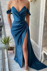 Navy Off-The-Shoulder Mermaid Evening Dress with Split