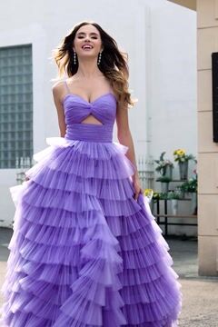 Purple Tulle A Line Tiered Long Prom Dress With Front Slit