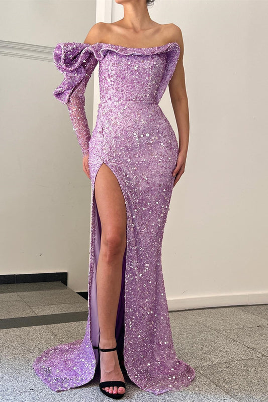 Purple One Shoulder Mermaid Evening Dress with Sequins Slit and Long Sleeve