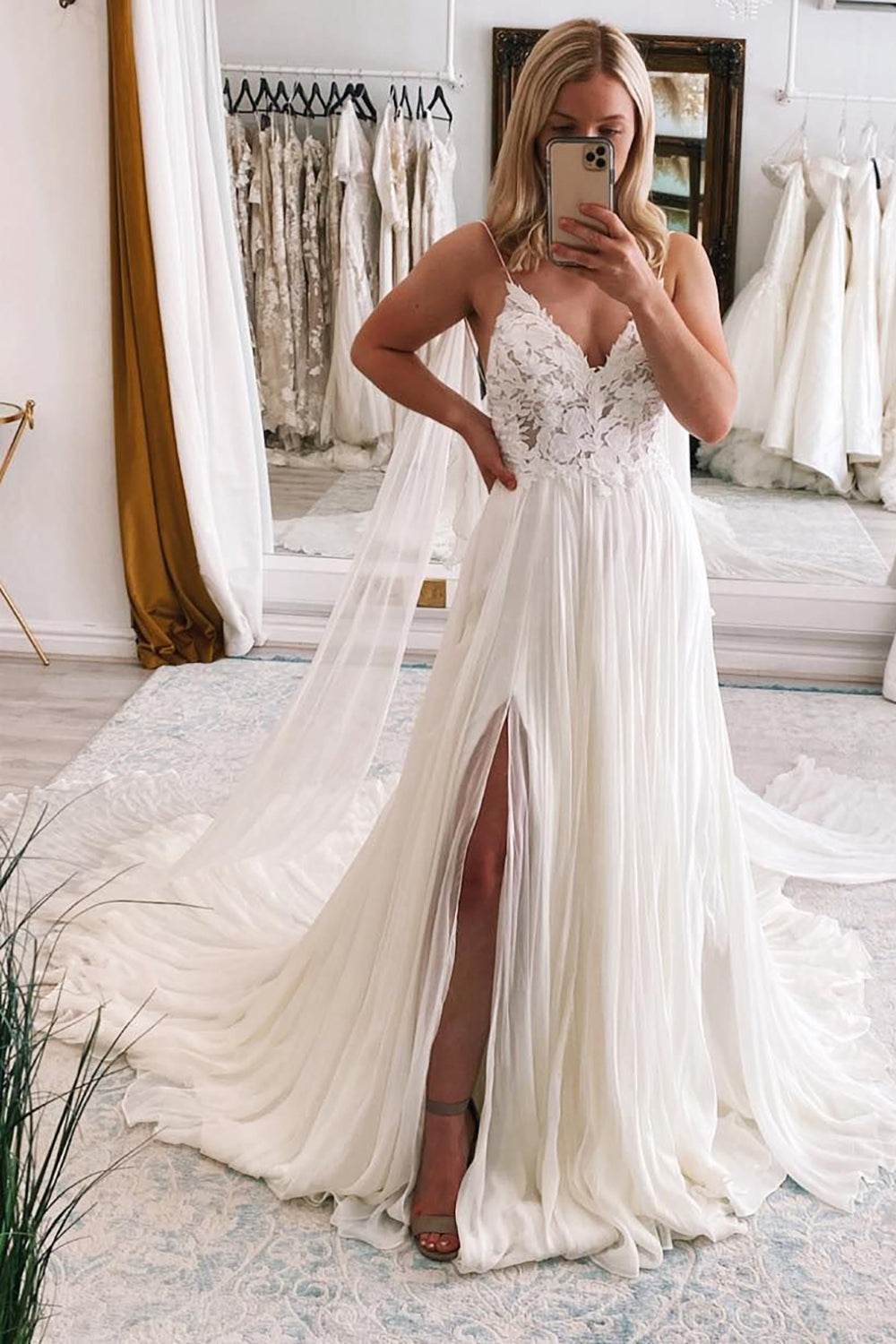 Graceful Ivory A-Line Watteau Train Boho Long Chiffon Wedding Dress with Lace