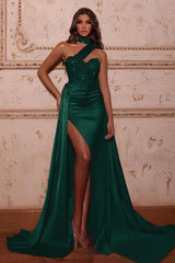 Mermaid Evening Dress with High Neck Split Beads and Ruffles