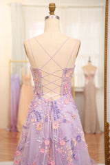 Mauve A Line Tulle Appliqued Long Prom Dress With Slit