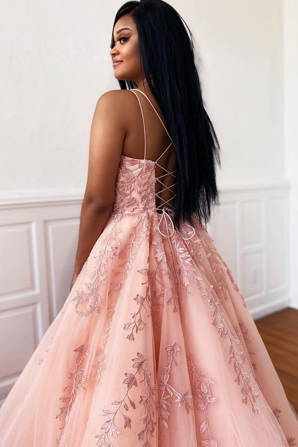 Princess Champagne Spaghetti Straps Prom Dress