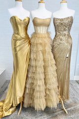 Glitter Golden Strapless A-Line Tulle Long Ruffled Prom Dress