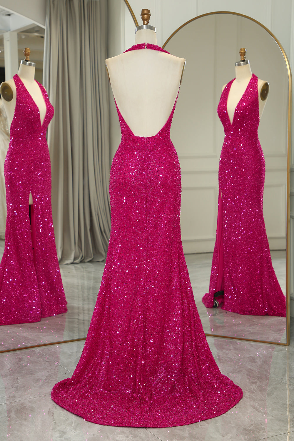 Sparkly Fuchsia Beaded Mermaid V Neck Backless Long Prom Dress With Slit