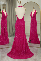 Sparkly Fuchsia Beaded Mermaid V Neck Backless Long Prom Dress With Slit