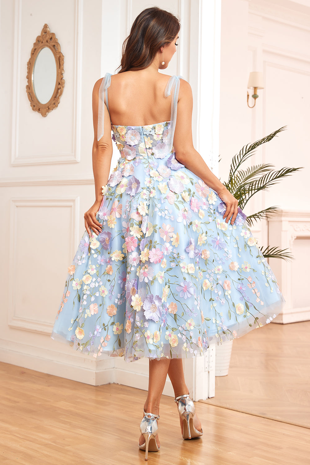 A Line Spaghetti Straps Purple Tea Length Prom Dress with 3D Flowers