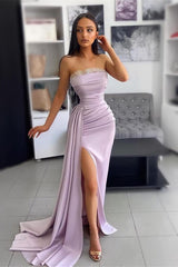 Lavender Off-the-Shoulder Sleeveless Evening Dress with Pleated Applique and Slit