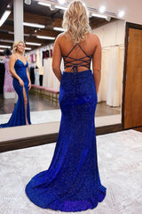 Sheath Spaghetti Straps Blue Sequins Long Prom Dress with Silt