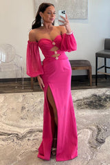 Hot Pink Off The Shoulder Detachale Sleeves Cut Out Prom Dress