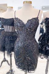 Black Corset Sequin Short Graduation Dress with Appliques