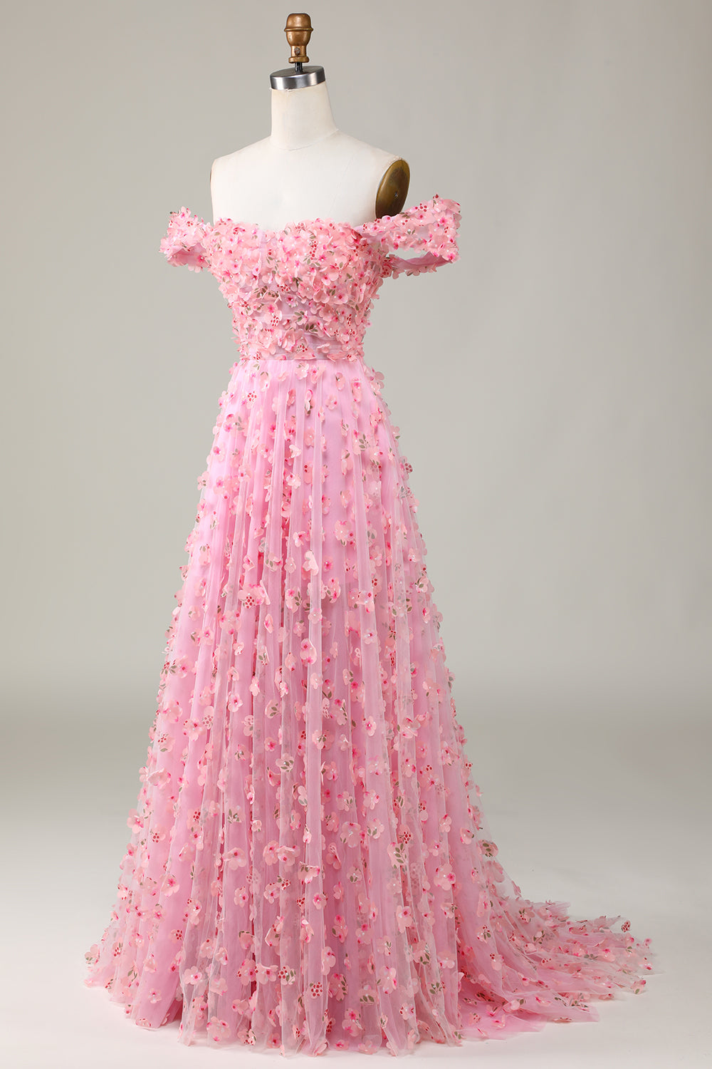 A-line Off The Shoulder Pink Long Prom Dress with 3D Flowers