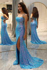 Sparkly Blue Mermaid Long Prom Dress With Slit