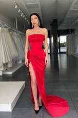 Red Strapless Mermaid Evening Dress Charmeuse with Split