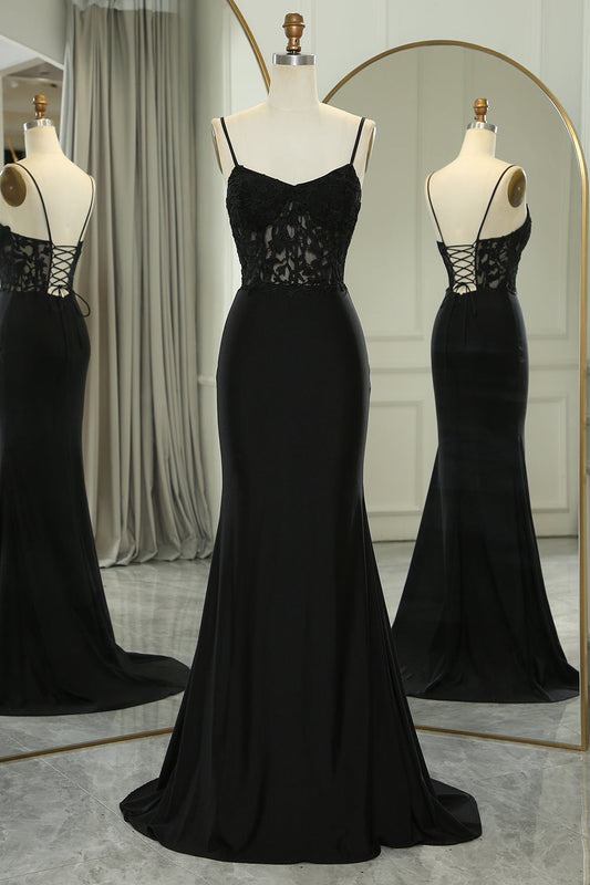 Black Mermaid Spaghetti Straps Long Corset Prom Dress