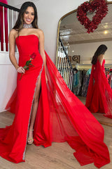 Mermaid Strapless Red Long Prom Dress with Slit