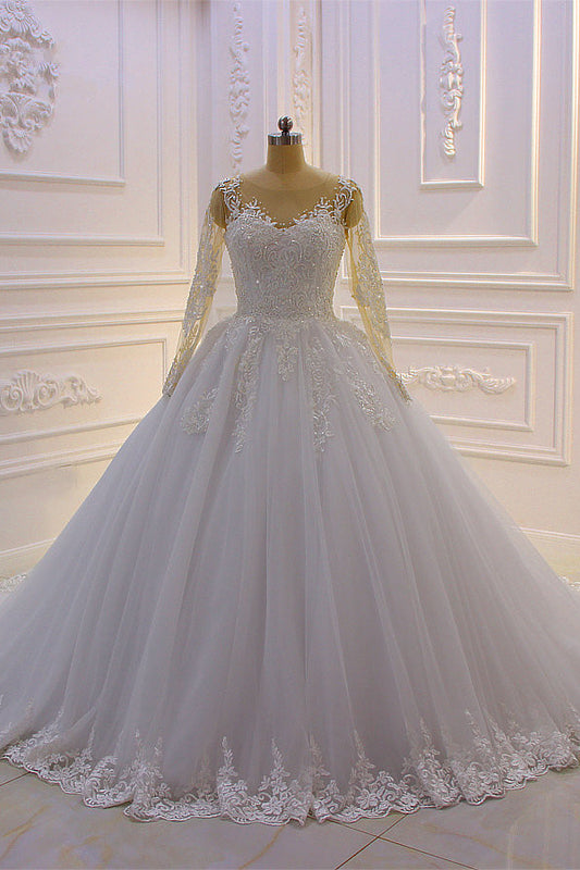 Bateau Long Sleeve Lace A-Line Wedding Dress with Pearls and Tulle Appliques