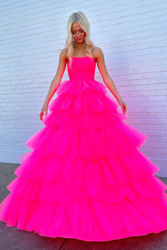 Hot Pink A-Line Tiered Tulle Long Prom Dress