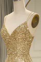 Sparkly Golden Mermaid Backless Long Prom Dress With Slit