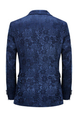 Elegant Dark Blue Peak Lapel Jacquard Men's Prom Suit