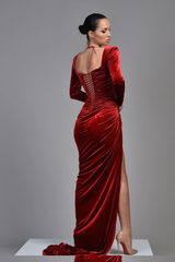 Samt Long Sleeves Square Pleated High Slit Evening Dress