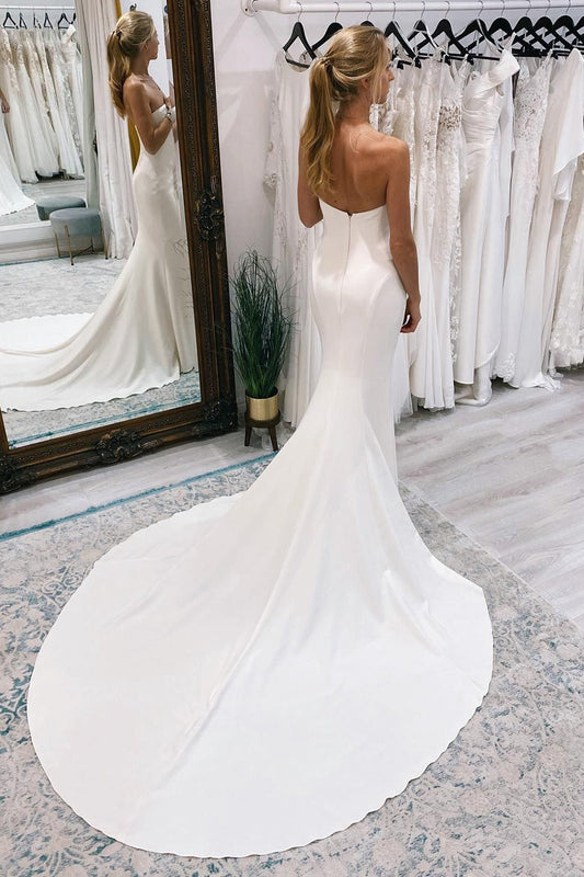 Simple White Boho Long Mermaid Wedding Dress with Sweep Train