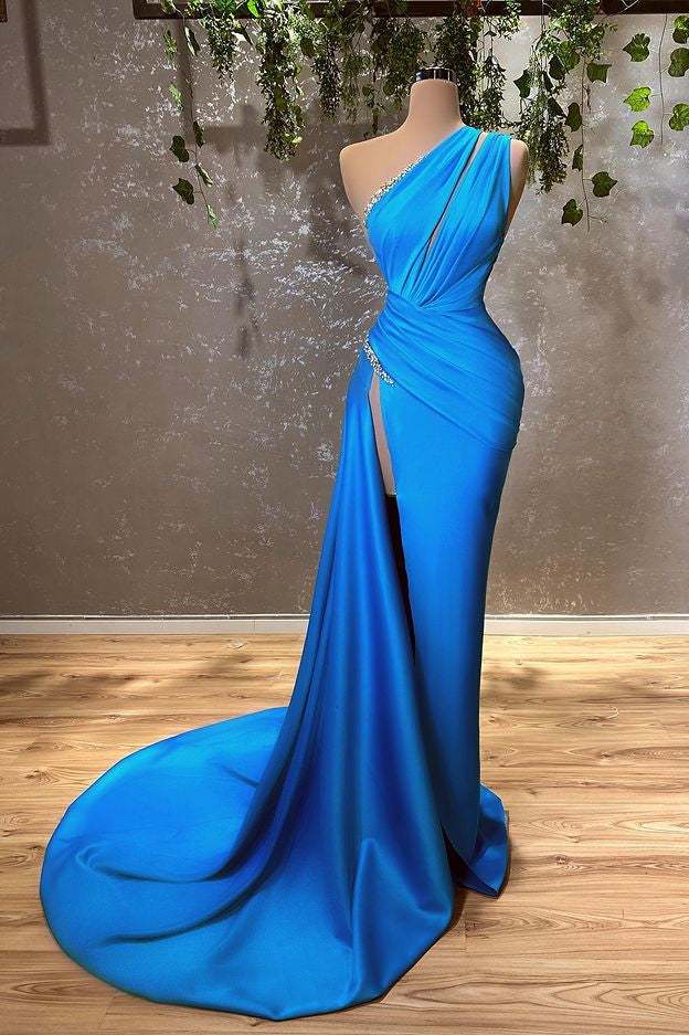 Ocean Blue One-Shoulder Mermaid Long Evening Dress with Split