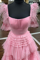 Glitter Pink Spaghetti Straps Tiered Appliques Long Prom Dress with Slit