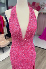 Sparkly Fuchsia Mermaid Halter Backless Long Sequins Prom Dress with Slit