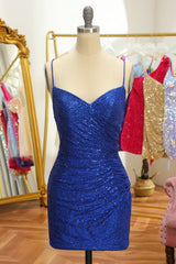 Blue Sequins Tight Backless Short Homecoming Dress