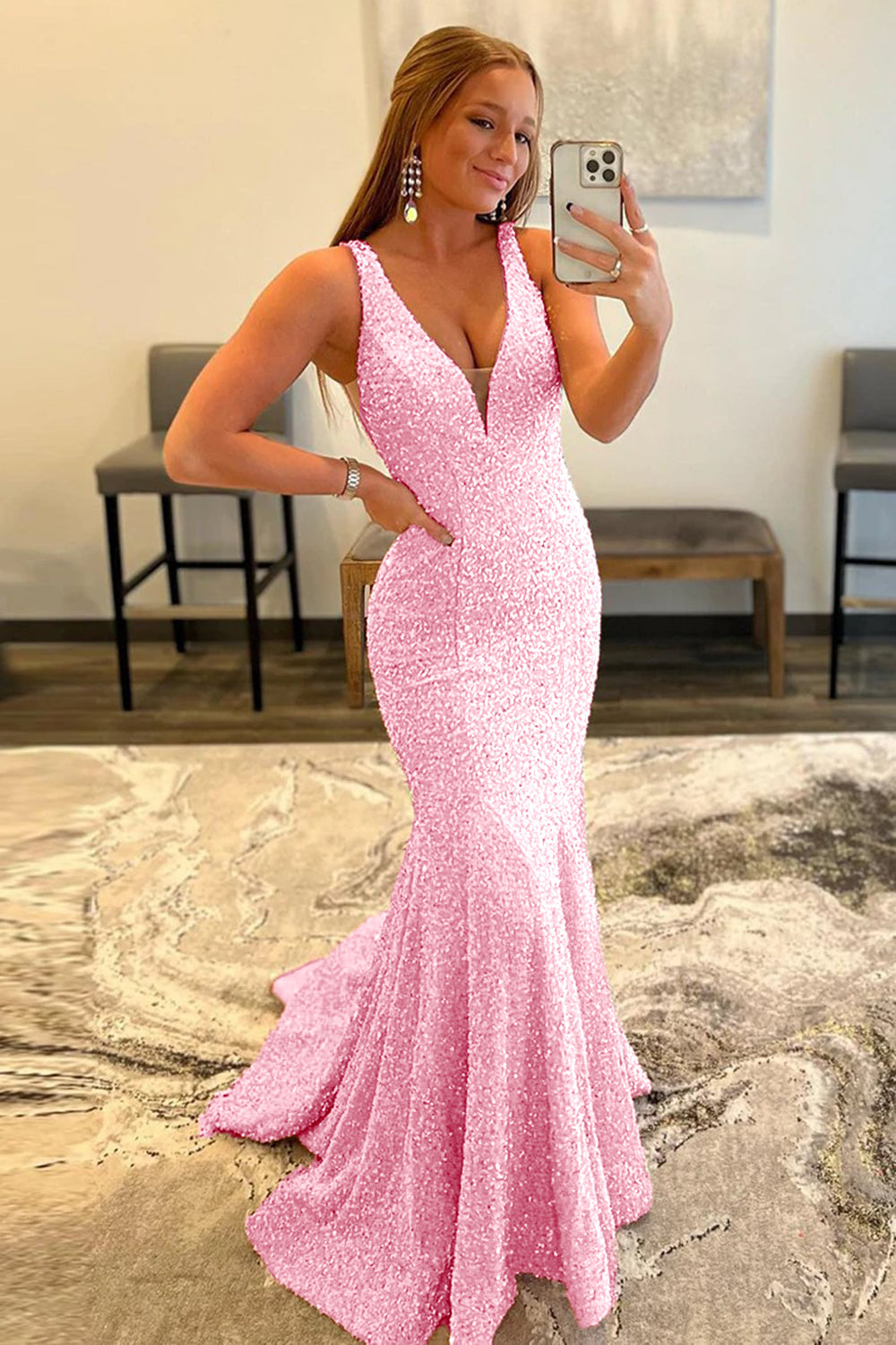 Pink Deep V Neck Mermaid Prom Dress