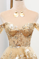 Glitter Golden A-Line Tiered Long Prom Dress with Lace