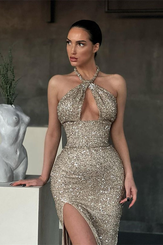 Halter Sleeveless Mermaid Evening Dress Long with Sequins and Split